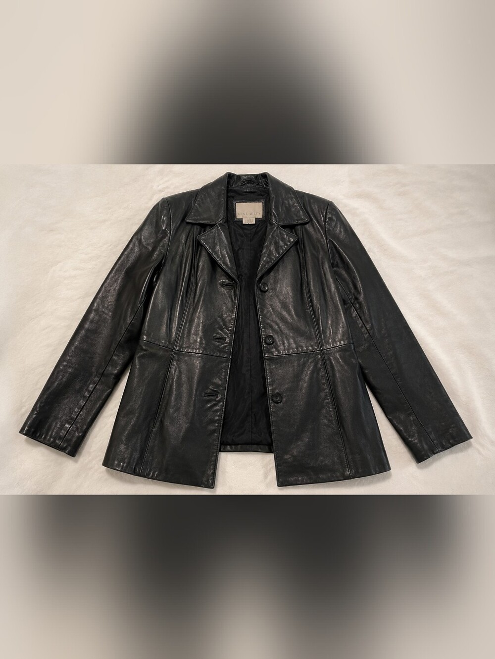 Nine West Genuine Leather Black Jacket Coat Women's Classic Button Front Size L